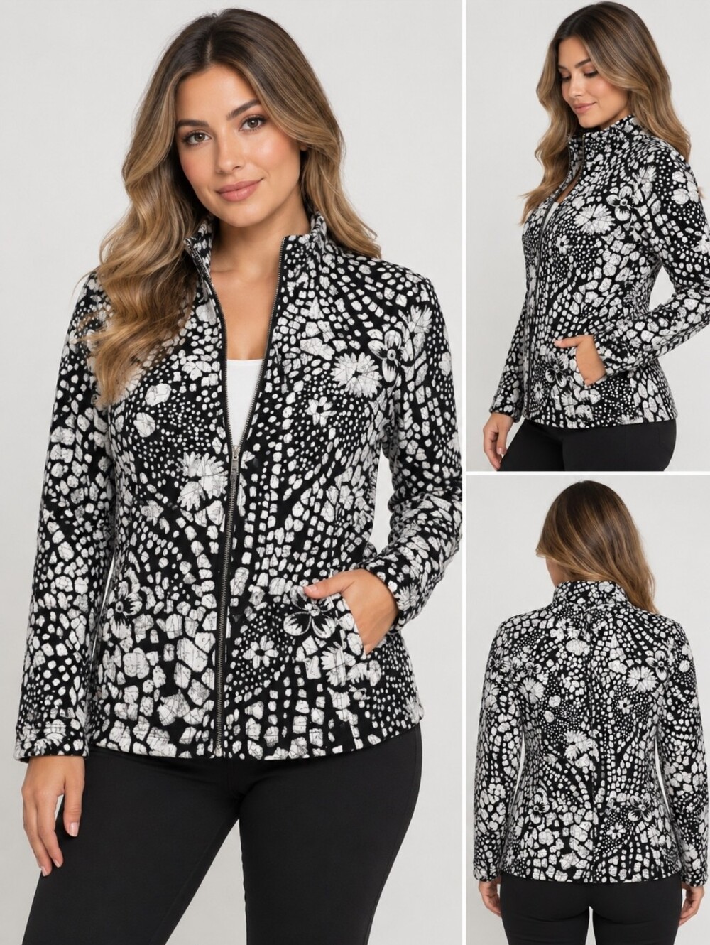 Zenergy By Chico's Zip-Front Jacket in Black White & Silver Floral Mosaic Size M